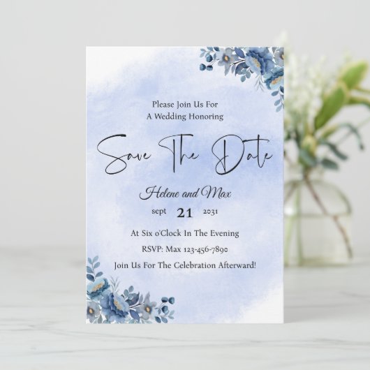 Rustic Blue Floral Wedding Save the Date Kaart (Staand voorkant)