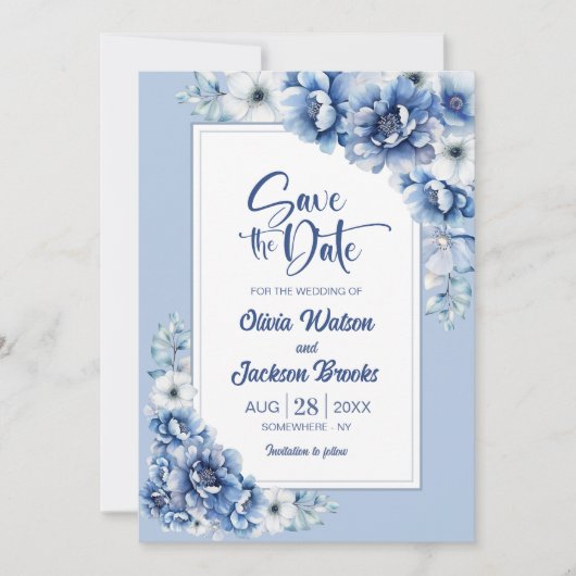 Rustic Blue Floral Wedding Save the Date Kaart (Voorkant)