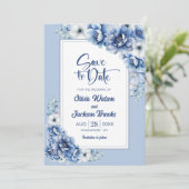 Rustic Blue Floral Wedding Save the Date Kaart (Staand voorkant)