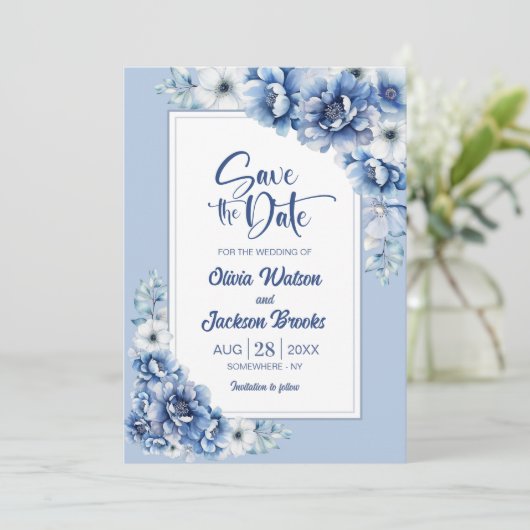Rustic Blue Floral Wedding Save the Date Kaart (Staand voorkant)