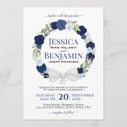 Rustic Blue Floral Wreath Elegant Boho Wedding Kaart (Voorkant)