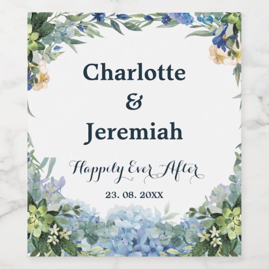 Rustic Blue Floral Wreath Greenery Wedding Wijn Etiket (Enkel label)
