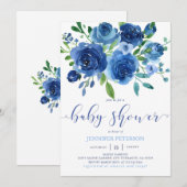 Rustic Blue Flowers Baby shower Invitation Kaart (Voorkant / Achterkant)