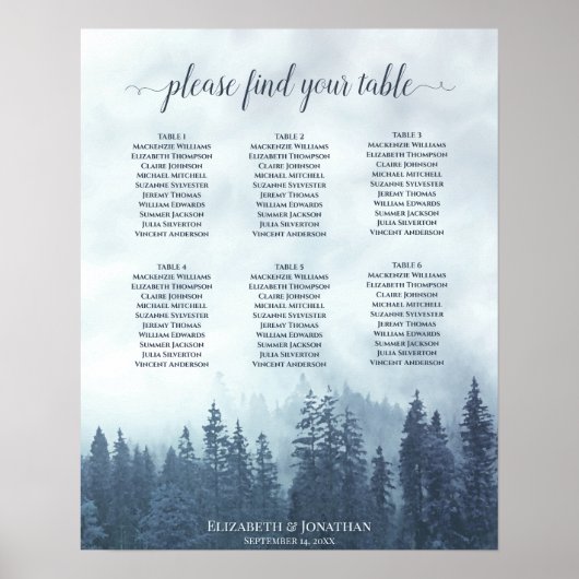 Rustic Blue Forest 6 Table Wedding Seating Chart Poster (Voorkant)