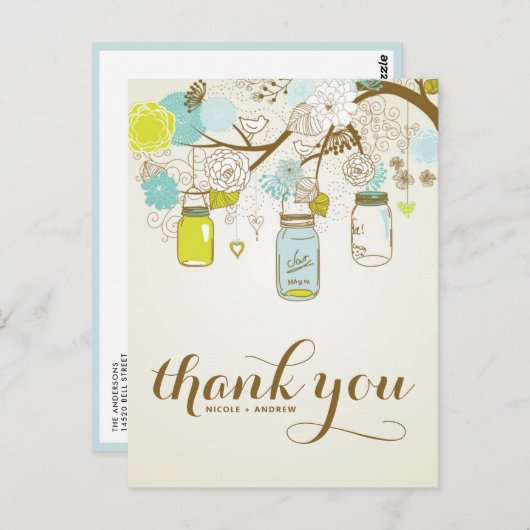 RUSTIC BLUE & GEEL MASON JARS DANK U BRIEFKAART (Voorkant / Achterkant)