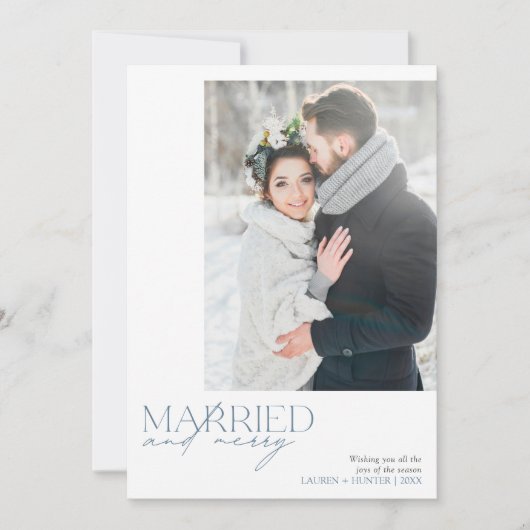 Rustic Blue Getrouwd & Vrolijk Pas getrouwd Foto Feestdagenkaart (Voorkant)