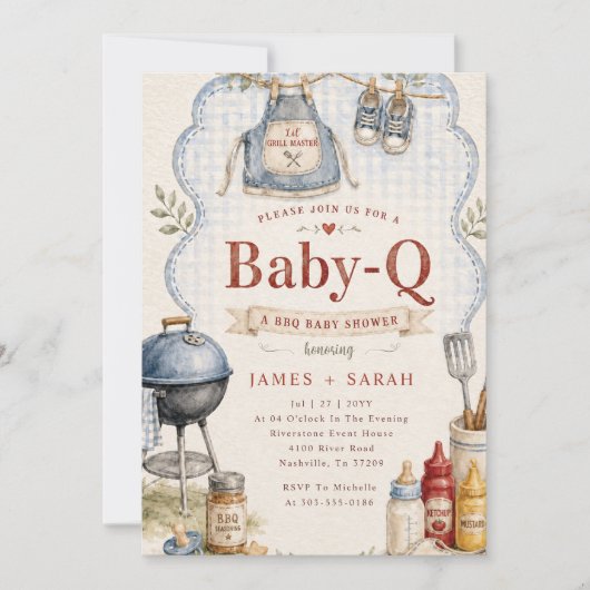 Rustic Blue Gingham Baby Q BBQ Baby Shower Kaart (Voorkant)