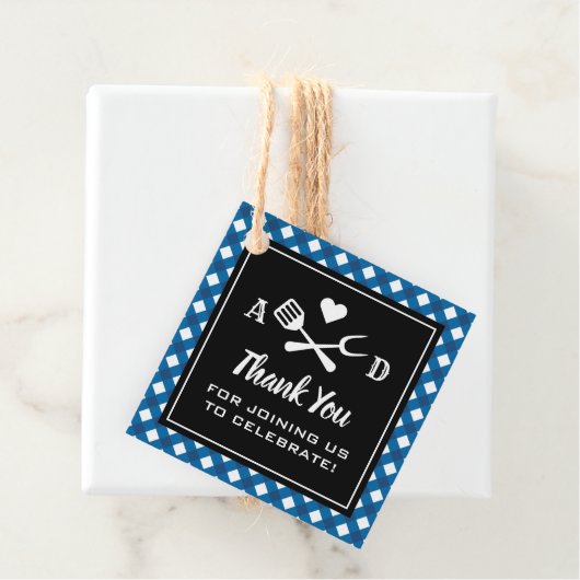 Rustic Blue Gingham BBQ Wedding Bedankt Bedankjes Labels (In situ)