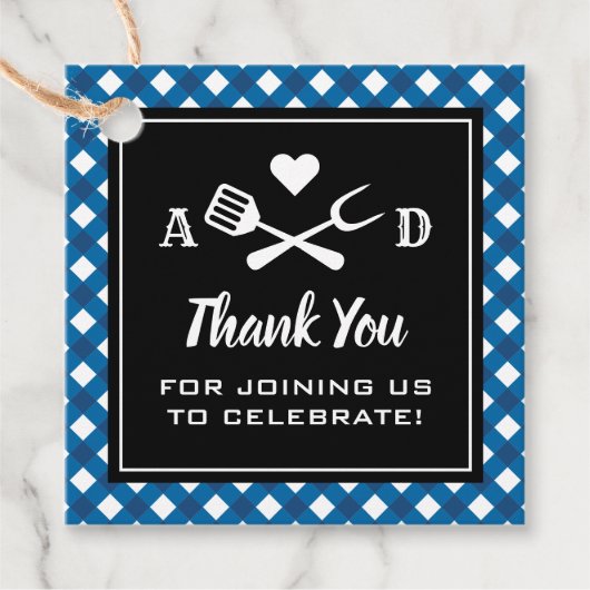 Rustic Blue Gingham BBQ Wedding Bedankt Bedankjes Labels (Voorkant)
