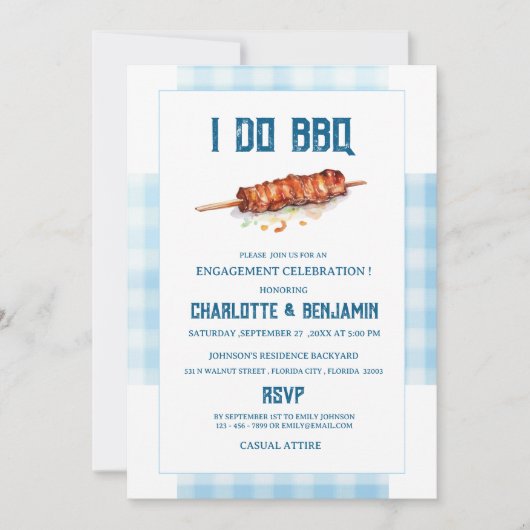 Rustic Blue Gingham I Do BBQ Verloving Feest Kaart (Voorkant)