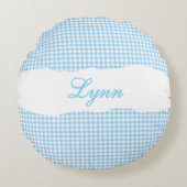 Rustic Blue Gingham Personalized Name Rond Kussen (Voorkant)