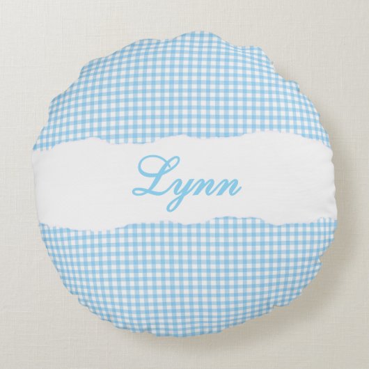 Rustic Blue Gingham Personalized Name Rond Kussen (Achterkant)