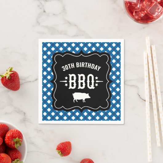 Rustic Blue Gingham Pset 30th Birthday BBQ Servet (Insitu)