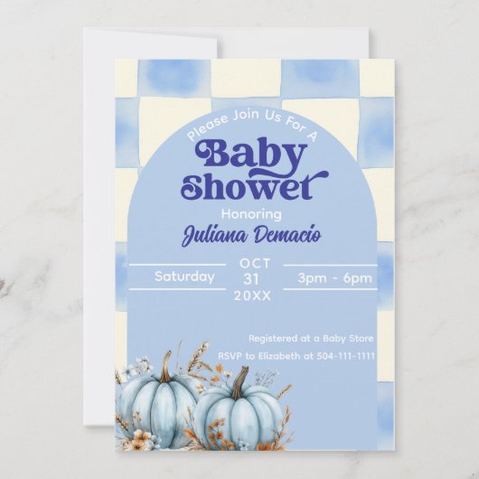 Rustic Blue Gingham Pumpkin Baby shower Kaart (Voorkant)
