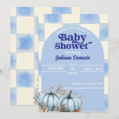 Rustic Blue Gingham Pumpkin Baby shower Kaart (Voorkant / Achterkant)