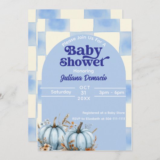 Rustic Blue Gingham Pumpkin Baby shower Kaart (Voorkant / Achterkant)