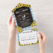 Rustic Blue Gingham Sunflower Baby-Q-Shower All In One Uitnodiging (Afscheurbaar)