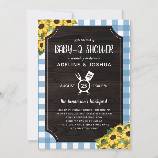 Rustic Blue Gingham Sunflower Baby-Q-Shower Kaart (Voorkant)