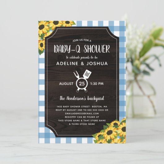 Rustic Blue Gingham Sunflower Baby-Q-Shower Kaart (Staand voorkant)
