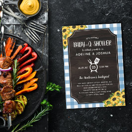 Rustic Blue Gingham Sunflower Baby-Q-Shower Kaart