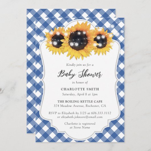Rustic Blue Gingham Sunflower Baby shower Kaart (Voorkant / Achterkant)
