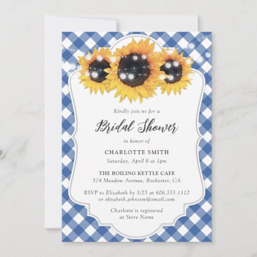 Rustic Blue Gingham Sunflower Vrijgezellenfeest Kaart (Voorkant)
