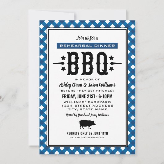 Rustic Blue Gingham Wedding Rehearsal Dinner BBQ Kaart (Voorkant)