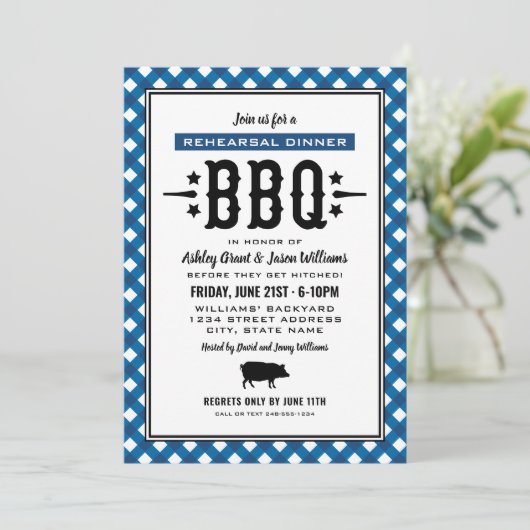 Rustic Blue Gingham Wedding Rehearsal Dinner BBQ Kaart (Staand voorkant)