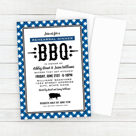 Rustic Blue Gingham Wedding Rehearsal Dinner BBQ Kaart