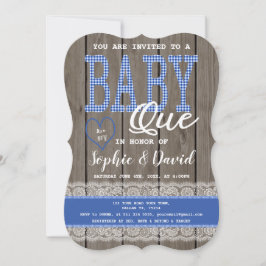 Rustic Blue Gingham Wood Boy Baby shower BBQ Kaart
