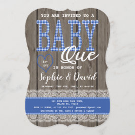 Rustic Blue Gingham Wood Boy Baby shower BBQ Kaart