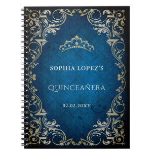 Rustic Blue Gold Princess Tiara Quinceanera Notitieboek