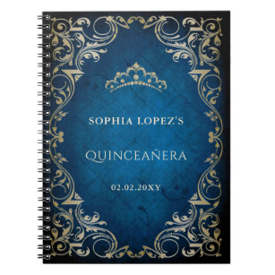 Rustic Blue Gold Princess Tiara Quinceanera Notitieboek