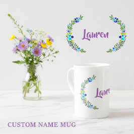 Rustic Blue Green Paarse Waterverf Floral met naam Porselein Kop