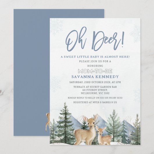 Rustic Blue Green Winter Oh Deer Baby Shower Kaart (Voorkant / Achterkant)