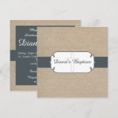 Rustic Blue Grey & Beige Burlap Baptism Invitation Kaart (Voorkant / Achterkant)