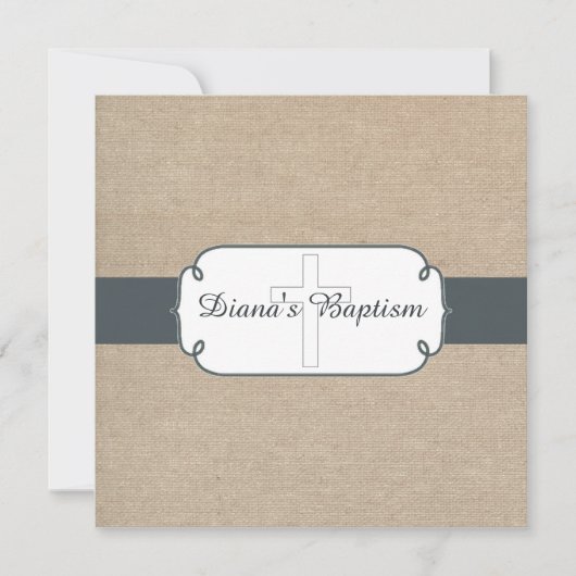 Rustic Blue Grey & Beige Burlap Baptism Invitation Kaart (Voorkant)