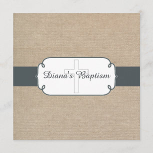 Rustic Blue Grey & Beige Burlap Baptism Invitation Kaart