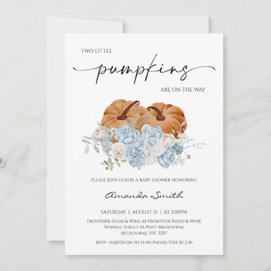 Rustic Blue Herfst Twins Pumpkins Baby shower Kaart (Voorkant)