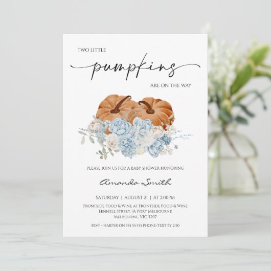Rustic Blue Herfst Twins Pumpkins Baby shower Kaart (Staand voorkant)