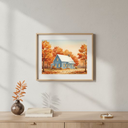 Rustic Blue House in Autumn Forest Watercolor Poster