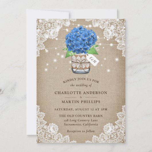 Rustic Blue Hydrangea Burlap Wedding Kaart (Voorkant)