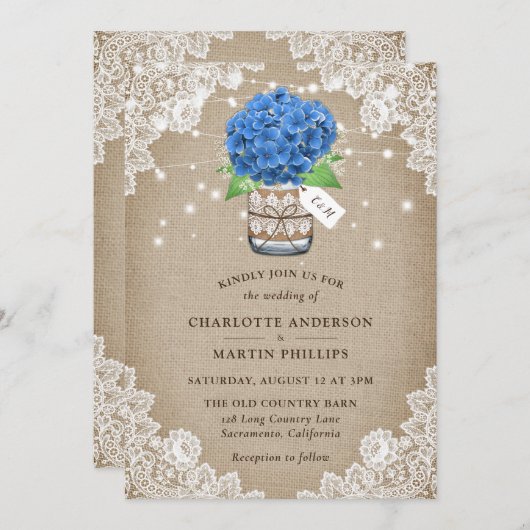 Rustic Blue Hydrangea Burlap Wedding Kaart (Voorkant / Achterkant)