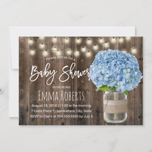 Rustic Blue Hydrangea Floral Jar Wood Baby shower Kaart (Voorkant)