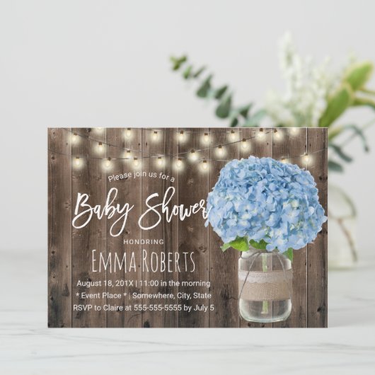 Rustic Blue Hydrangea Floral Jar Wood Baby shower Kaart (Staand voorkant)