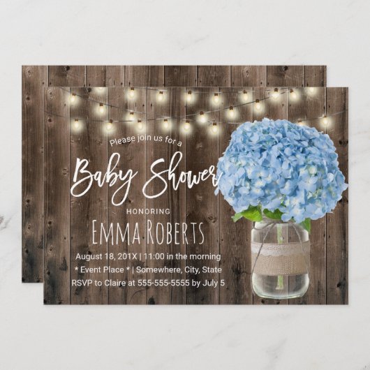 Rustic Blue Hydrangea Floral Jar Wood Baby shower Kaart (Voorkant / Achterkant)
