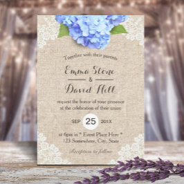 Rustic Blue Hydrangea Floral Lace & Burlap Wedding Kaart