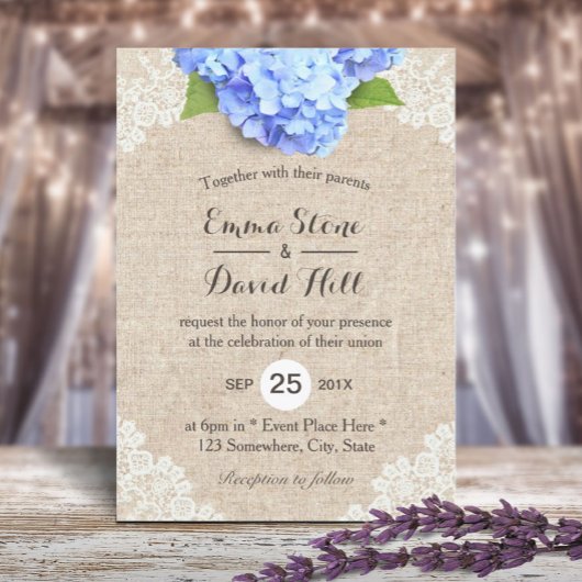 Rustic Blue Hydrangea Floral Lace & Burlap Wedding Kaart
