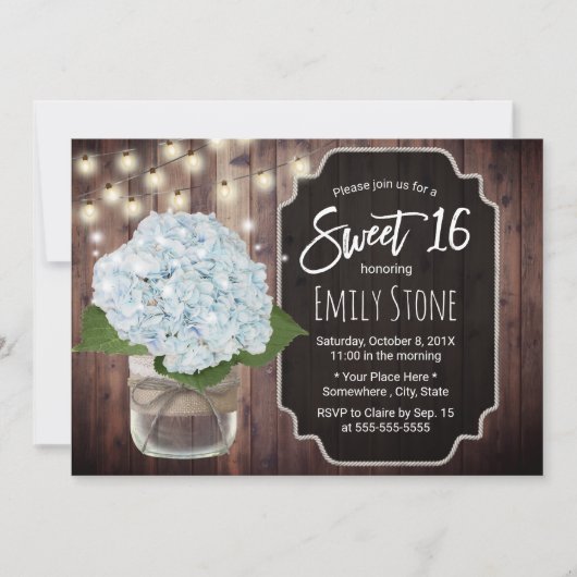 Rustic Blue Hydrangea Flower Mason Jar Sweet 16 Kaart (Voorkant)