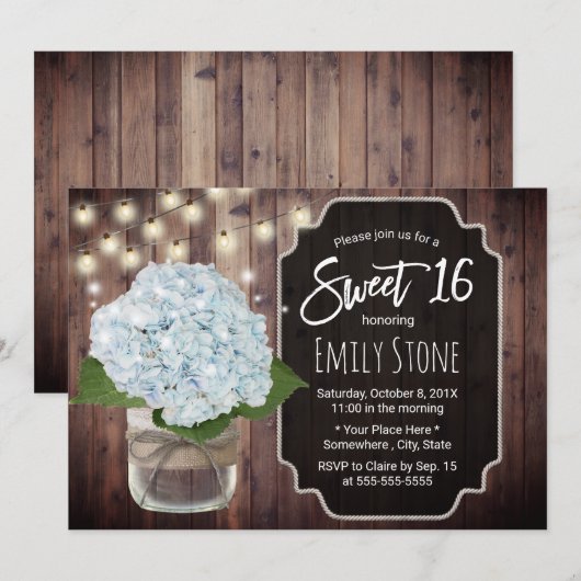 Rustic Blue Hydrangea Flower Mason Jar Sweet 16 Kaart (Voorkant / Achterkant)